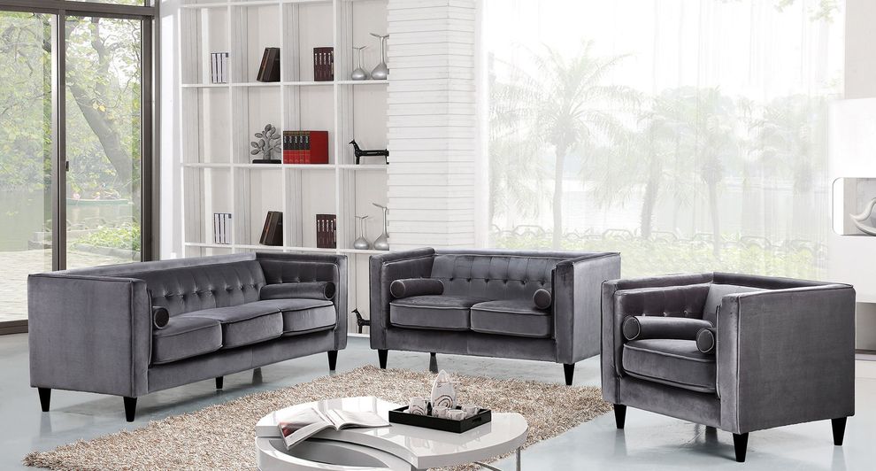 Tufted design gray velvet fabric contemporary sofa by Meridian