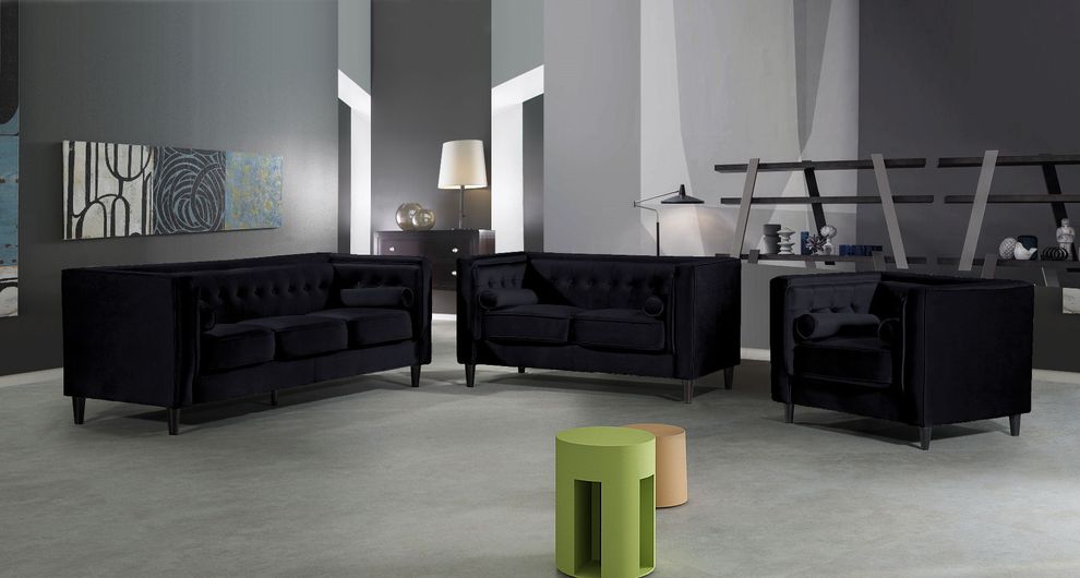 Tufted design black velvet fabric contemporary sofa by Meridian
