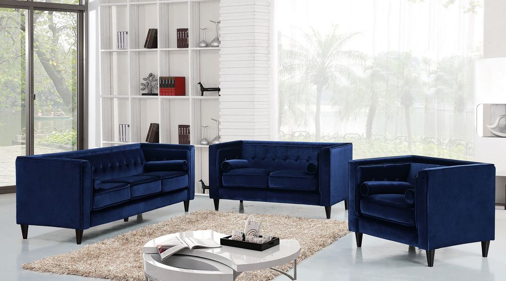Tufted design navy velvet fabric contemporary sofa by Meridian