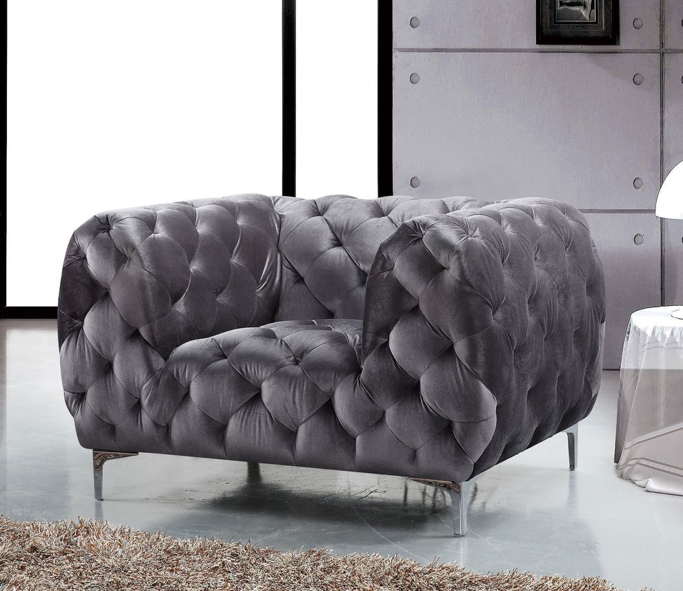 Gray velvet tufted buttons design modern chair by Meridian