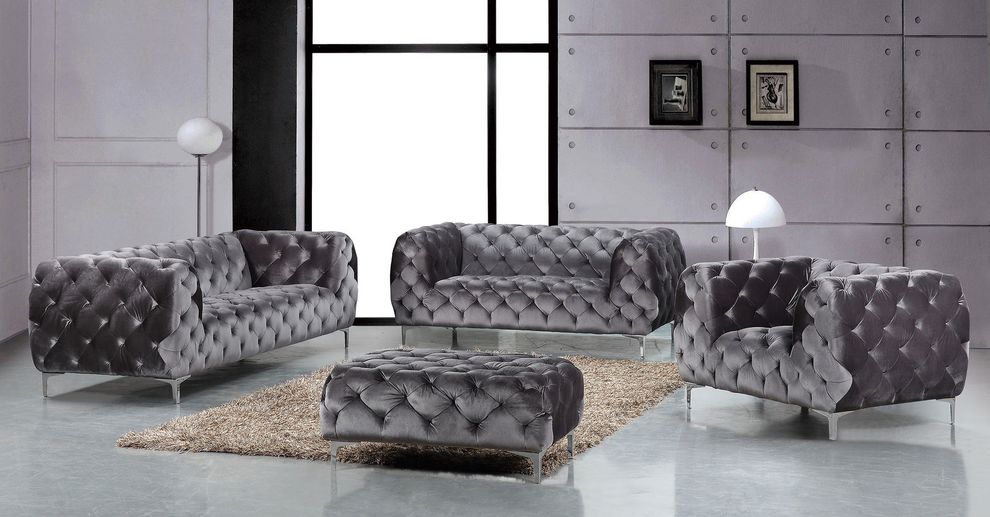 Gray velvet tufted buttons design modern sofa by Meridian
