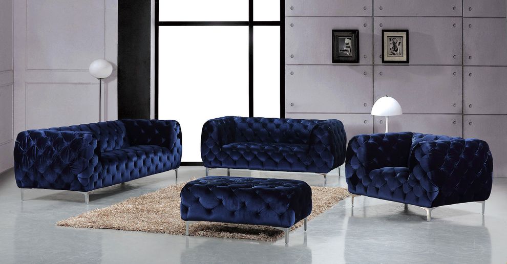 Navy velvet tufted buttons design modern sofa by Meridian