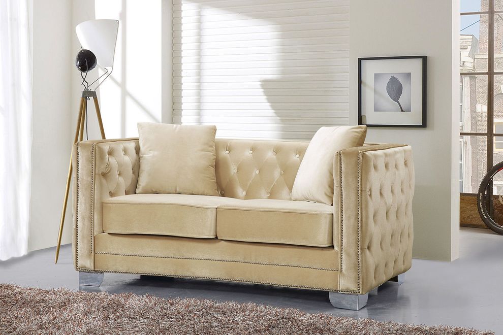 Beige contemporary tufted buttons design loveseat by Meridian