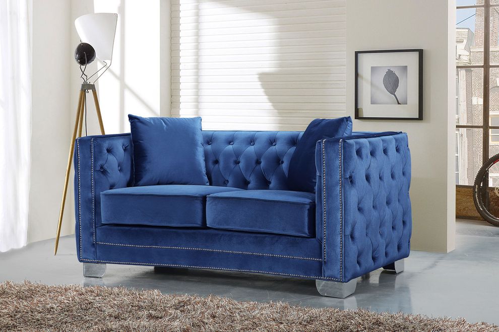 Blue contemporary tufted buttons design loveseat by Meridian