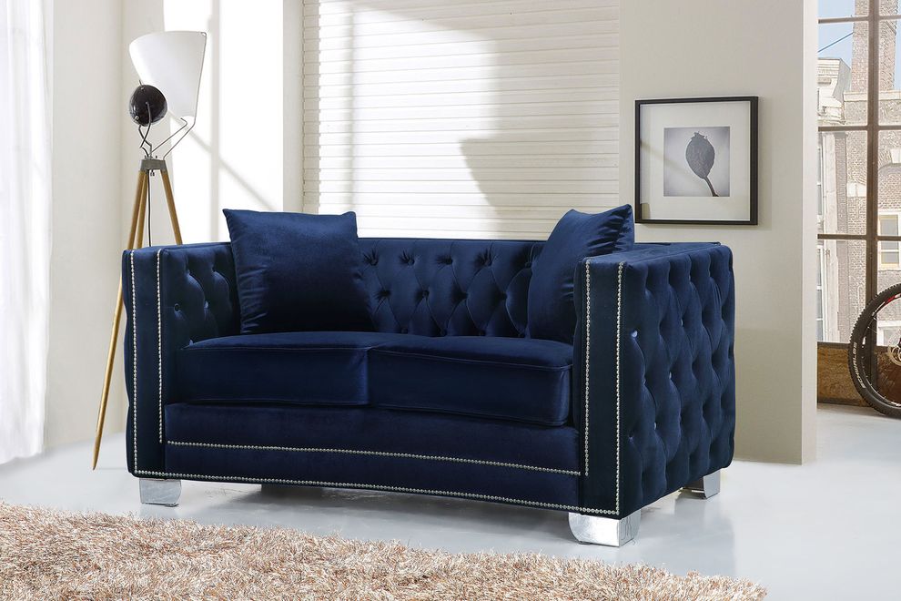 Navy contemporary tufted buttons design loveseat by Meridian