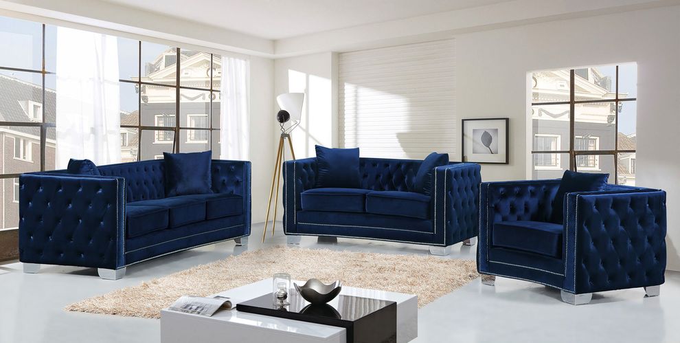 Contemporary navy tufted buttons design sofa by Meridian