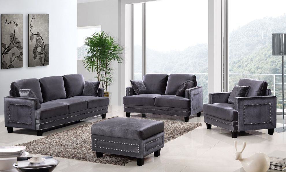 Nailhead trim design gray fabric contemporary sofa by Meridian