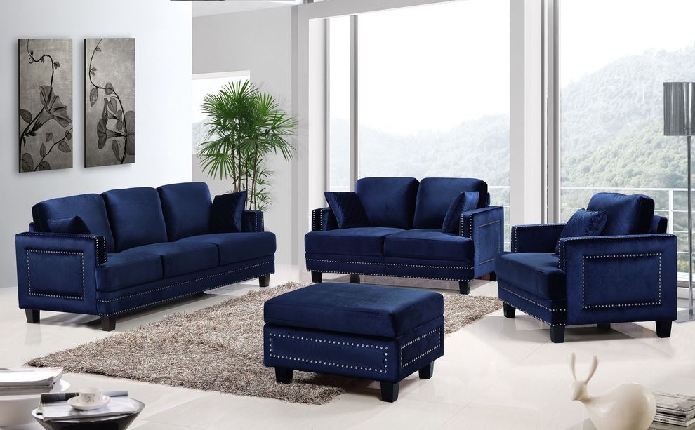 Nailhead trim design navy blue fabric contemporary sofa by Meridian