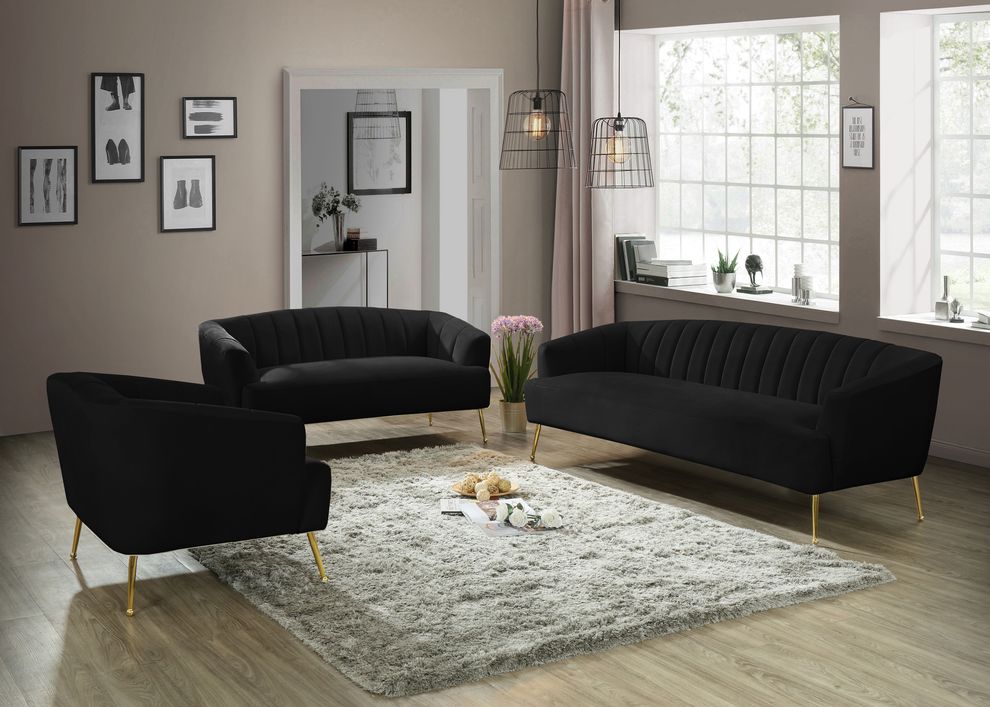 Black velvet contemporary sofa w/ golden legs by Meridian
