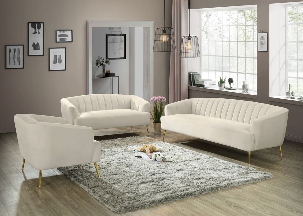 Cream velvet contemporary sofa w/ golden legs by Meridian