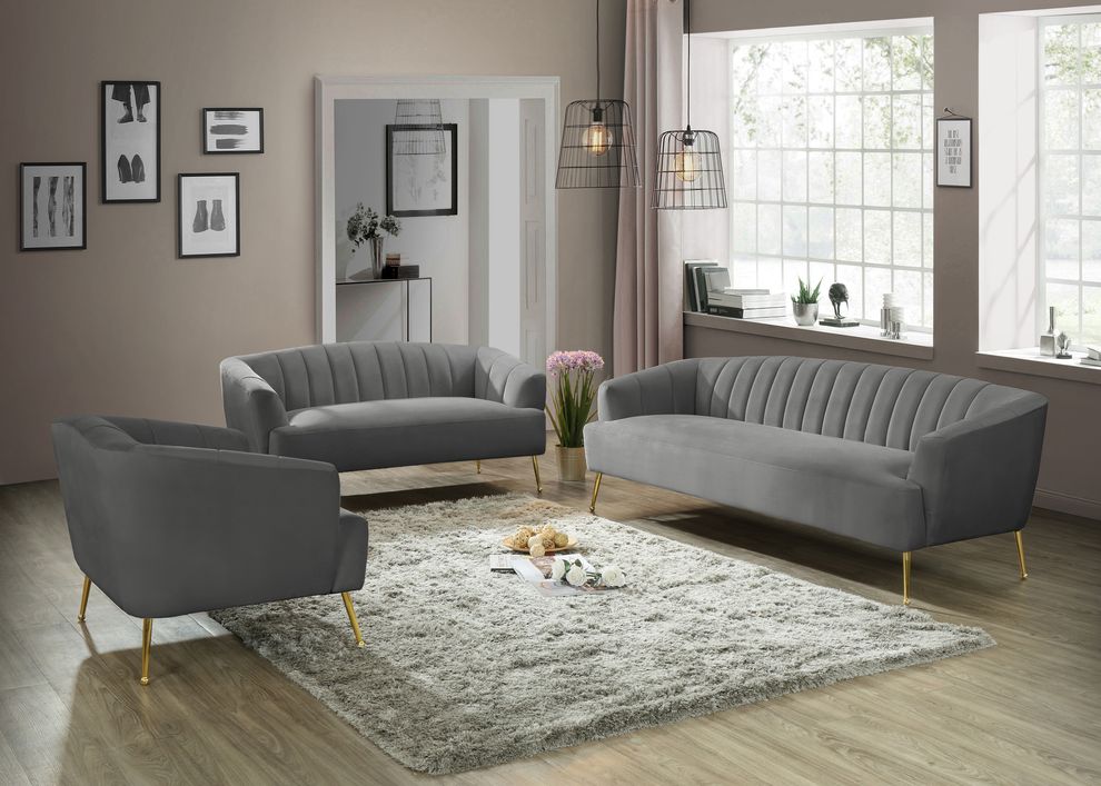 Gray velvet contemporary sofa w/ golden legs by Meridian