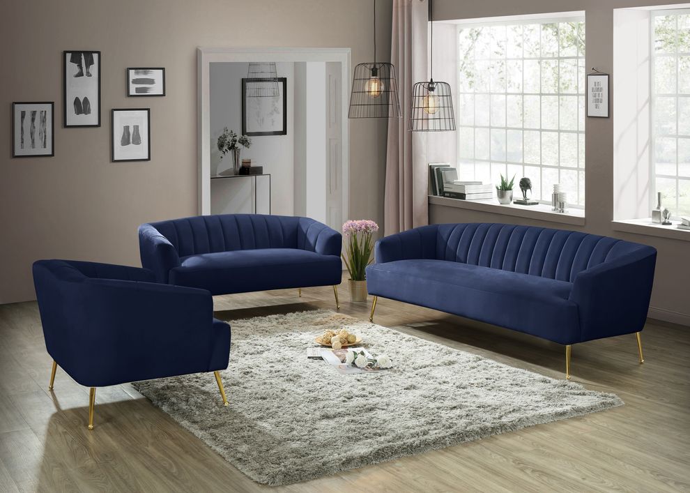 Navy velvet contemporary sofa w/ golden legs by Meridian