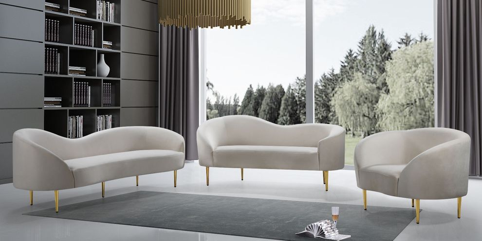 Cream velvet curved design modern sofa by Meridian