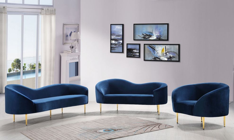 Navy velvet curved design modern sofa by Meridian