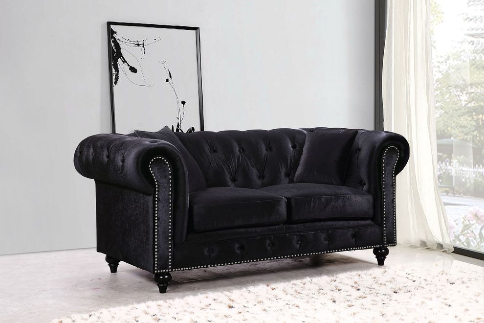 Black velvet fabric loveseat w/ rolled arms by Meridian