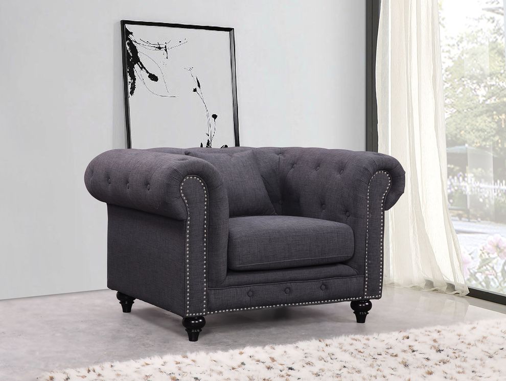 Linen fabric tufted button design chair in gray by Meridian
