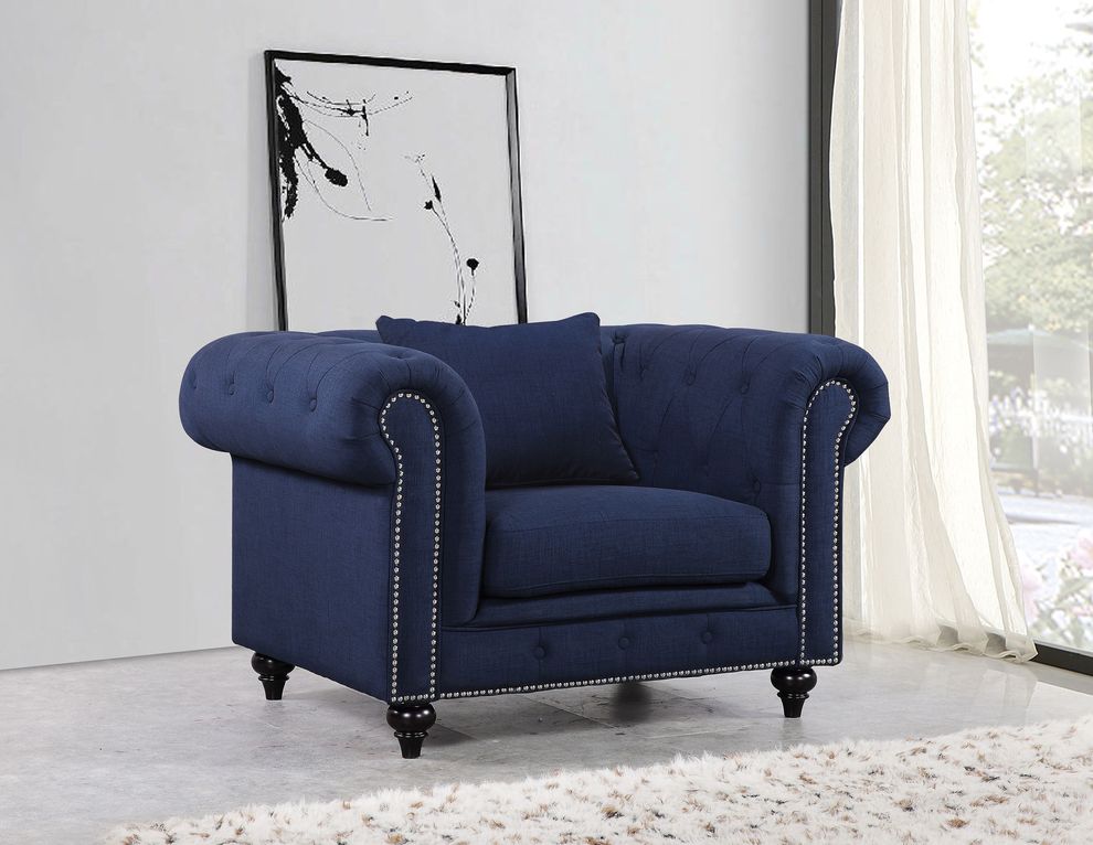 Linen fabric tufted button design chair in navy by Meridian