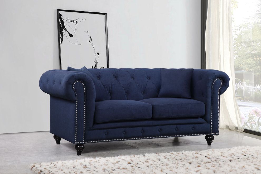 Navy linen fabric loveseat w/ rolled arms by Meridian