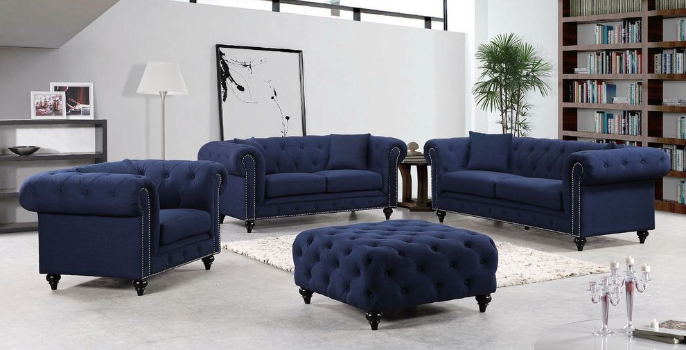 Navy linen fabric rolled arms design sofa by Meridian