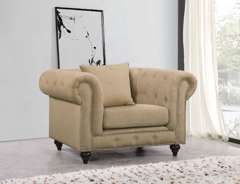 Linen fabric tufted button design chair in sand by Meridian