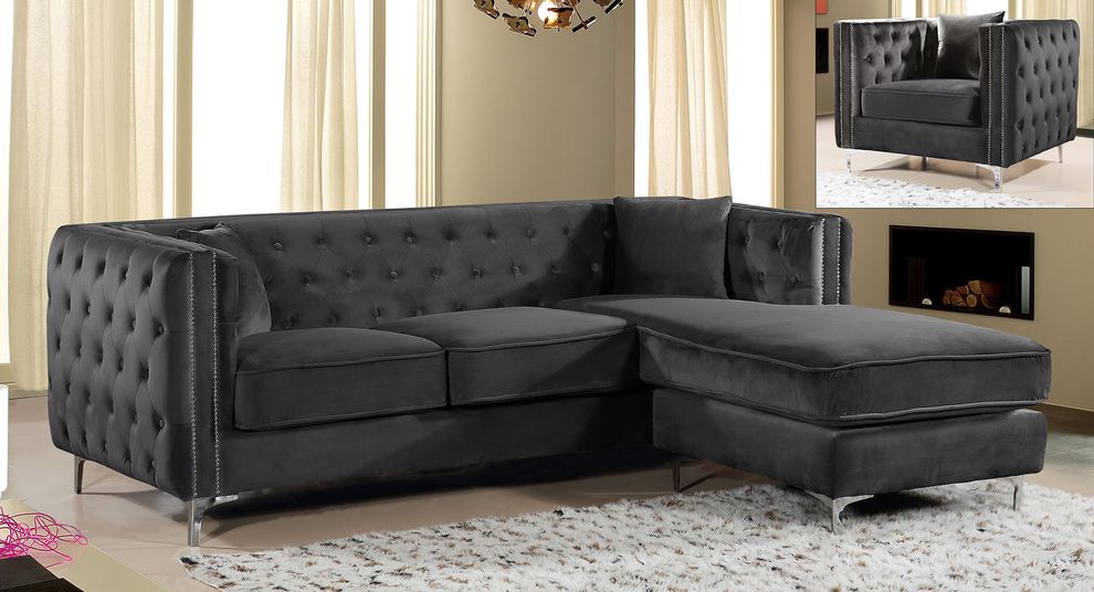 Reversible chaise velvet tufted sectional sofa by Meridian