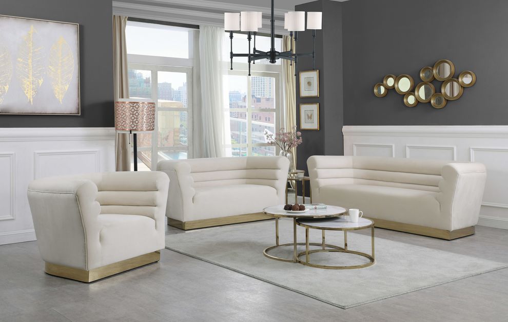 Cream velvet horizontal tufting modern sofa by Meridian
