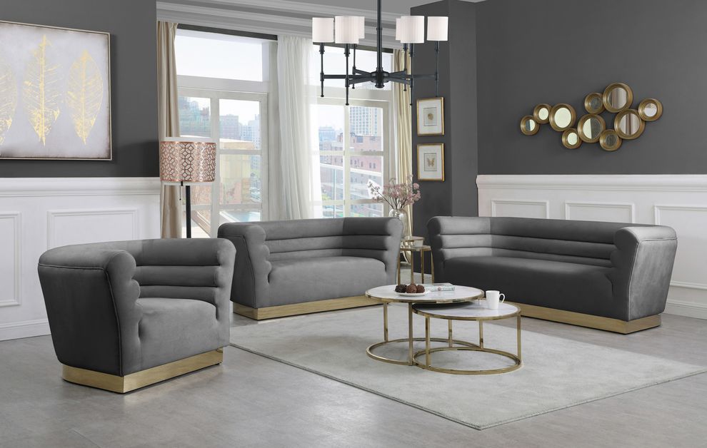 Gray velvet horizontal tufting modern sofa by Meridian
