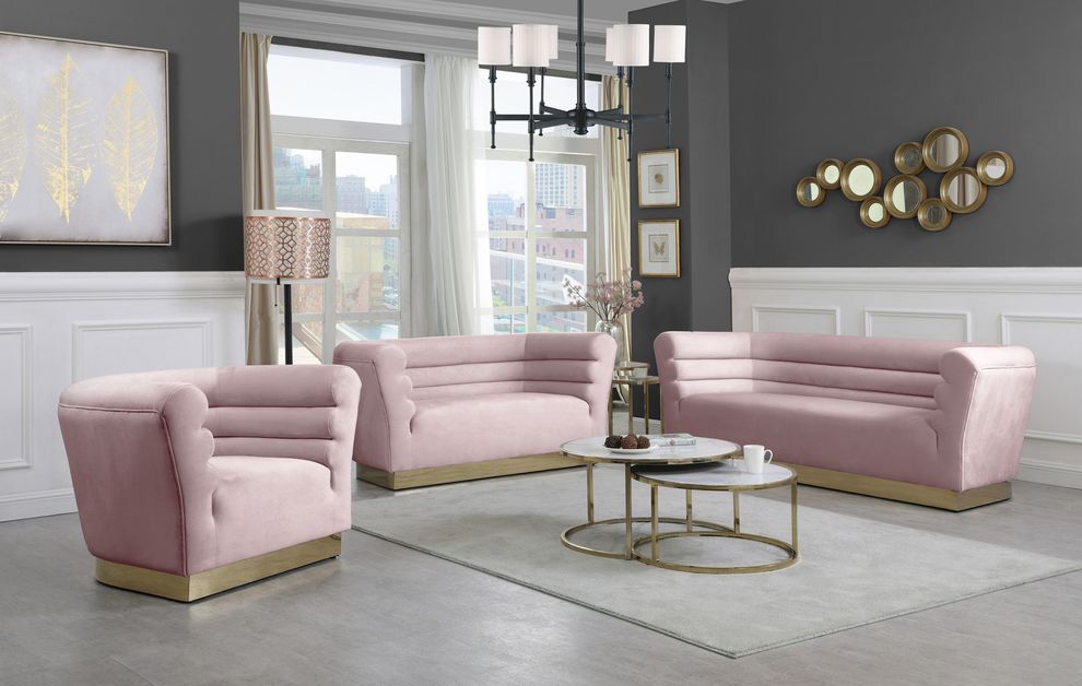 Pink velvet horizontal tufting modern sofa by Meridian