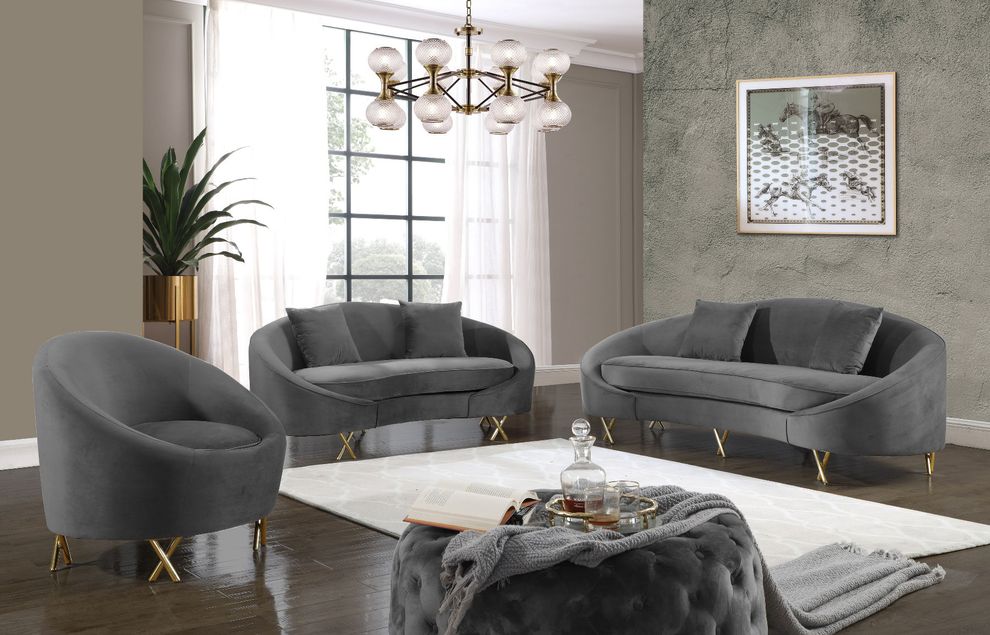 Gray velvet rounded back contemporary sofa by Meridian