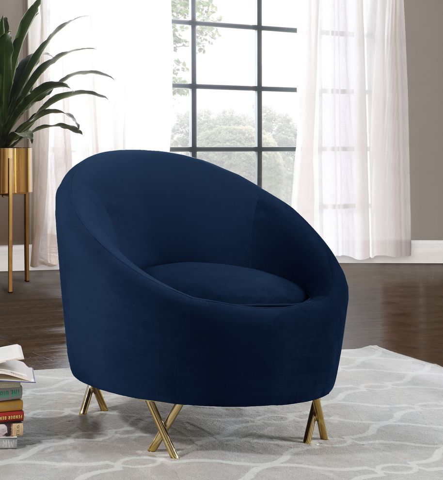 Navy velvet rounded back contemporary chair by Meridian