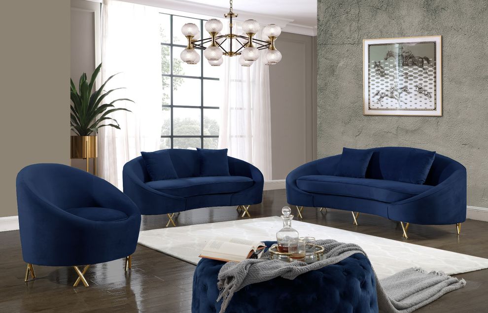Navy velvet rounded back contemporary sofa by Meridian
