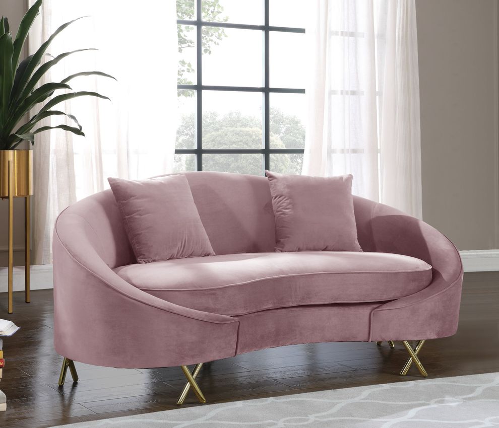 Pink velvet rounded back contemporary loveseat by Meridian
