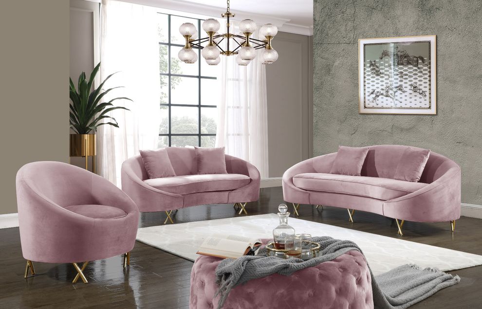 Pink velvet rounded back contemporary sofa by Meridian