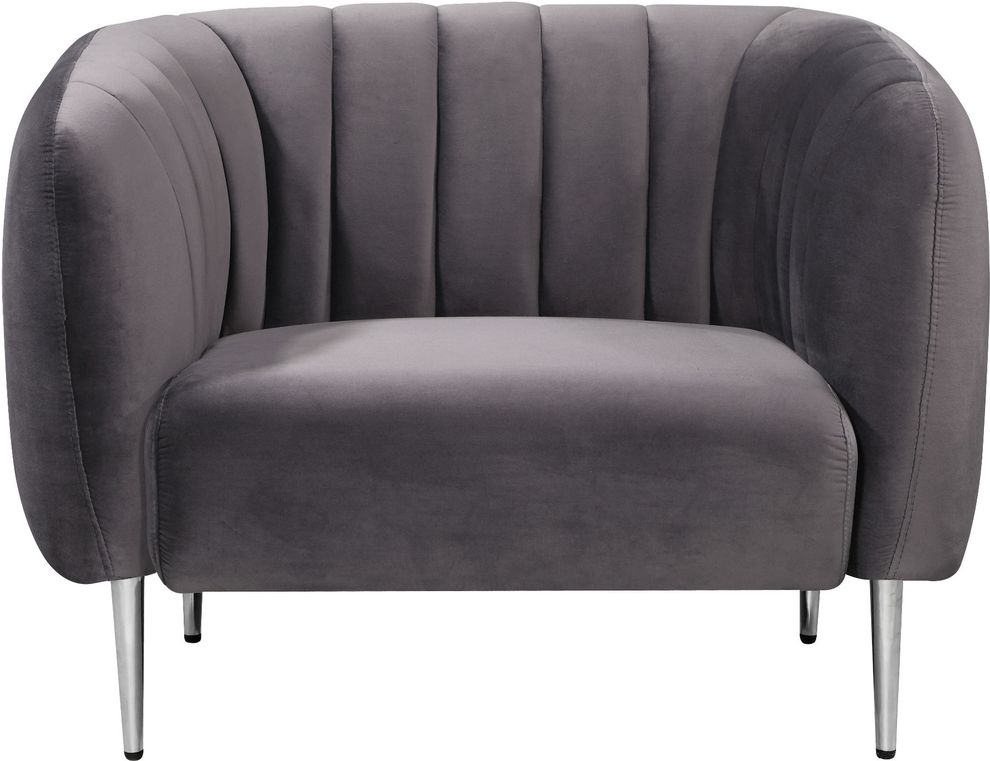Chrome metal legs / channel tufted gray velvet chair by Meridian