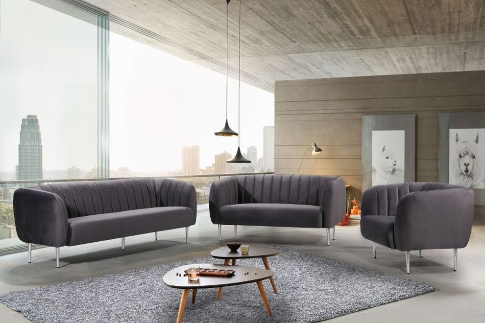 Chrome metal legs / channel tufted gray velvet sofa by Meridian