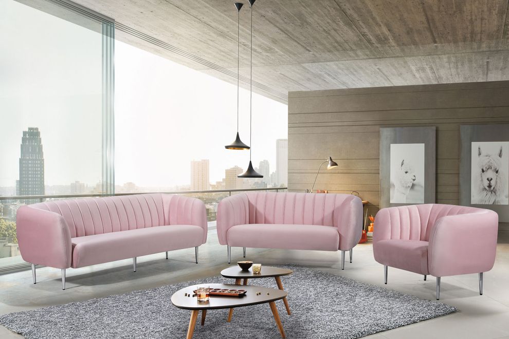 Chrome metal legs / channel tufted pink velvet sofa by Meridian