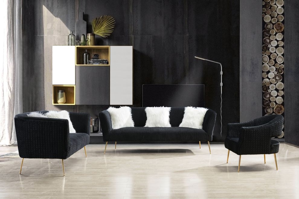 Black textured velvet sofa w/ golden metal legs by Meridian