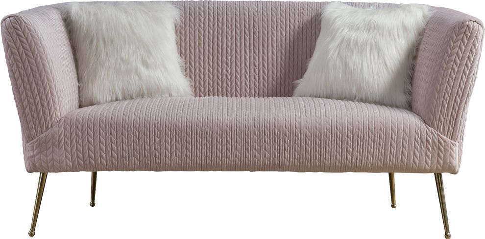 Pink textured velvet loveseat w/ golden metal legs by Meridian