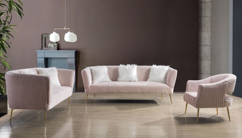 Pink textured velvet sofa w/ golden metal legs by Meridian