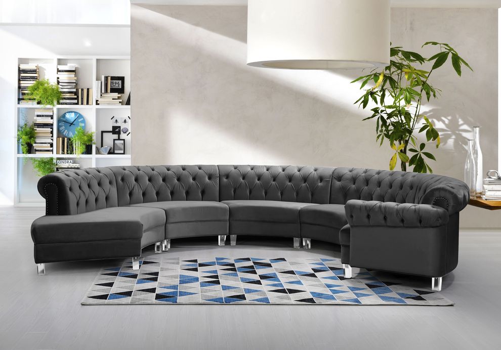 Modular curved large living room gray velvet sectional by Meridian