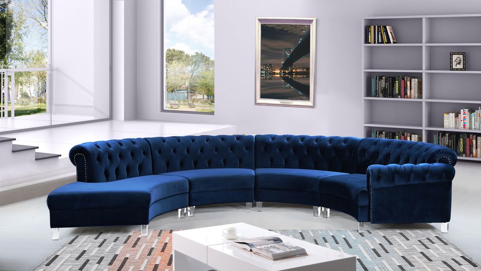 Modular curved large living room navy velvet sectional by Meridian