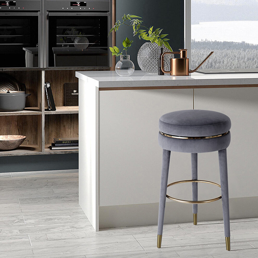 Contemporary swivel gray velvet / gold bar stool by Meridian