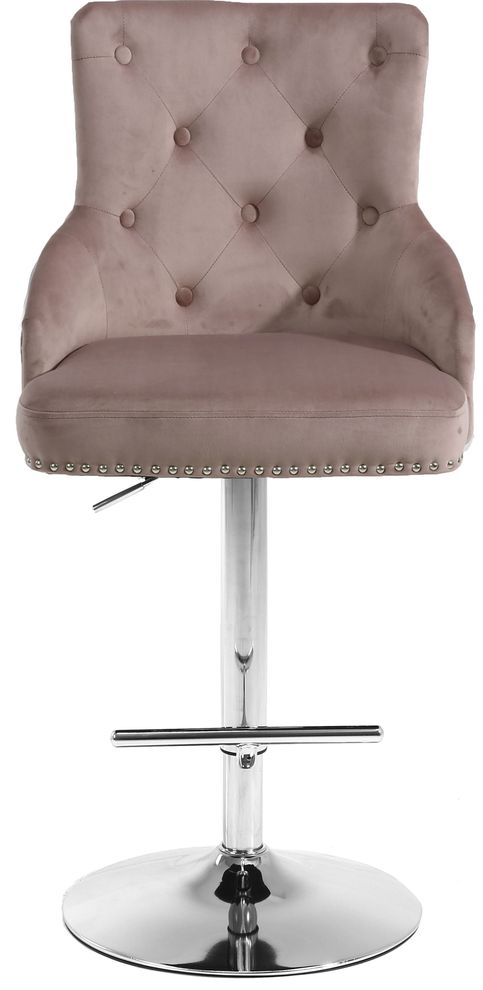 Pink velvet tufted adjustable height bar stool by Meridian