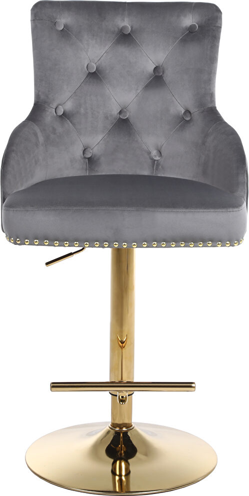Gold base / nailhead trim gray velvet bar stool by Meridian