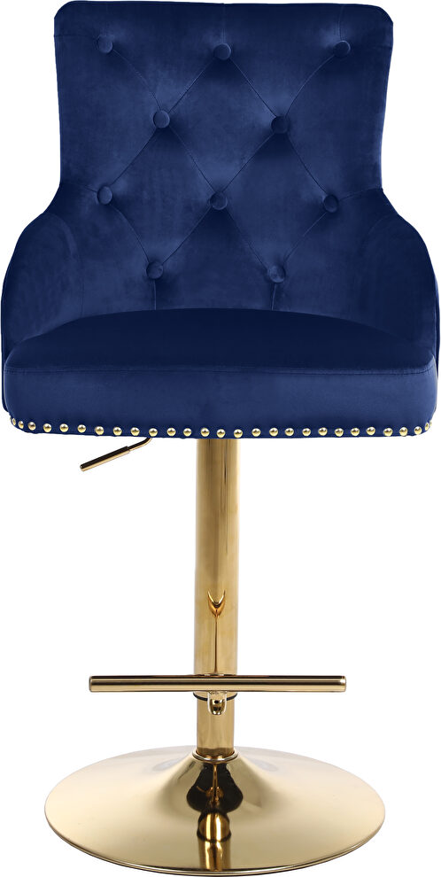 Gold base / nailhead trim navy bluevelvet bar stool by Meridian