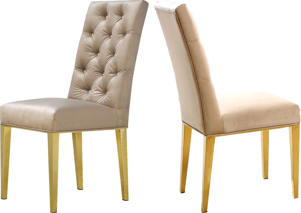 Rich gold stainless steel base beige velvet chair by Meridian