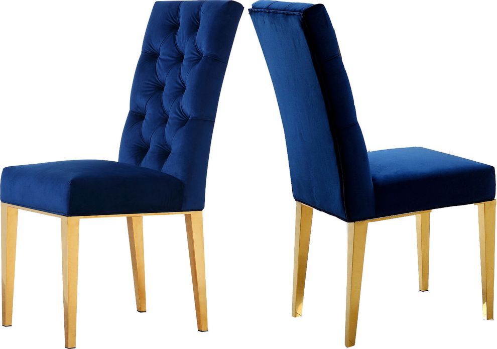 Rich gold stainless steel base / blue velvet chair by Meridian