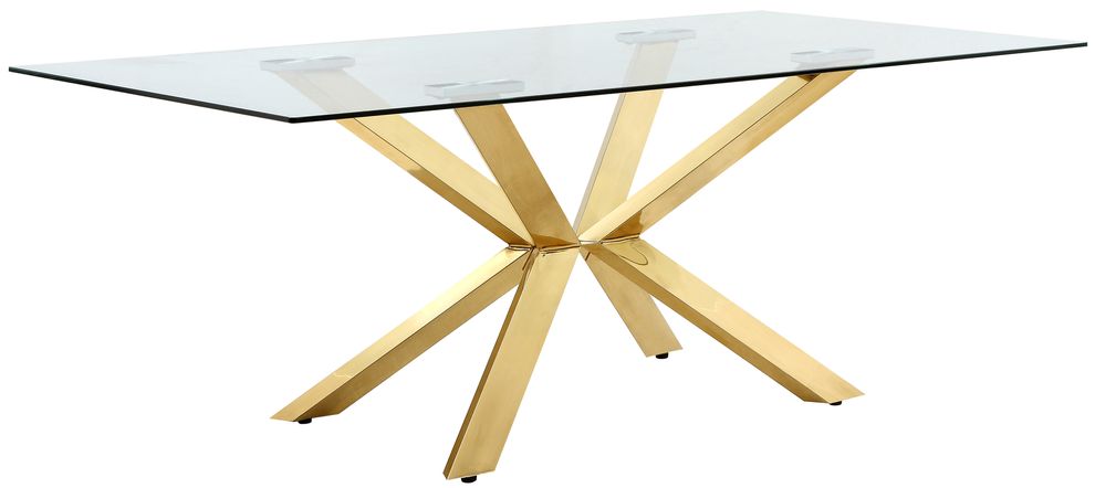 X-shaped gold base / glass top modern dining table by Meridian