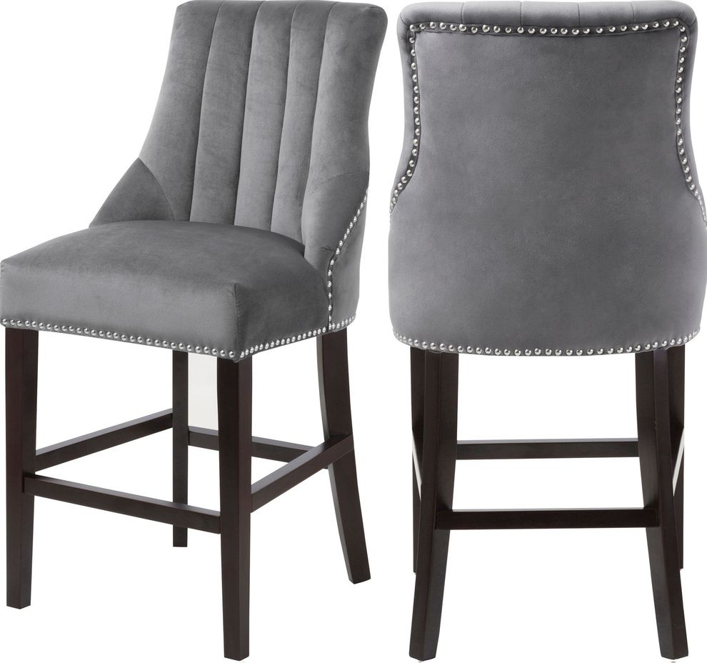 Gray velvet fabric bar stool w/ chrome nailhead trim by Meridian