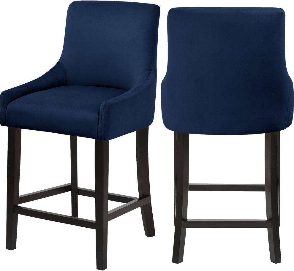 Set of navy blue velvet contemporary bar stools by Meridian